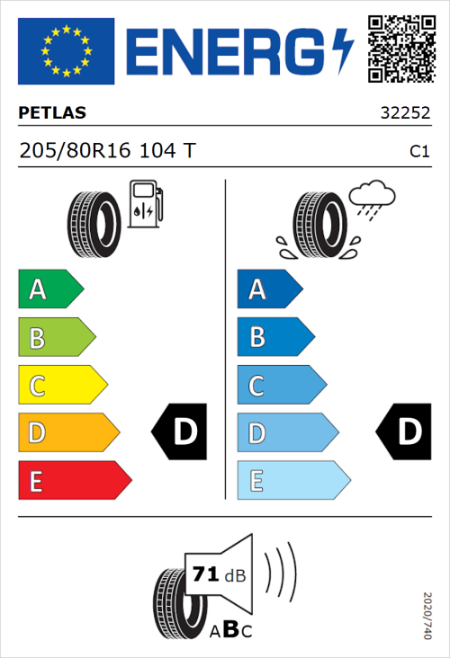 Tyre Label for Petlas Explero PT421 A/T 205/80R16 104T