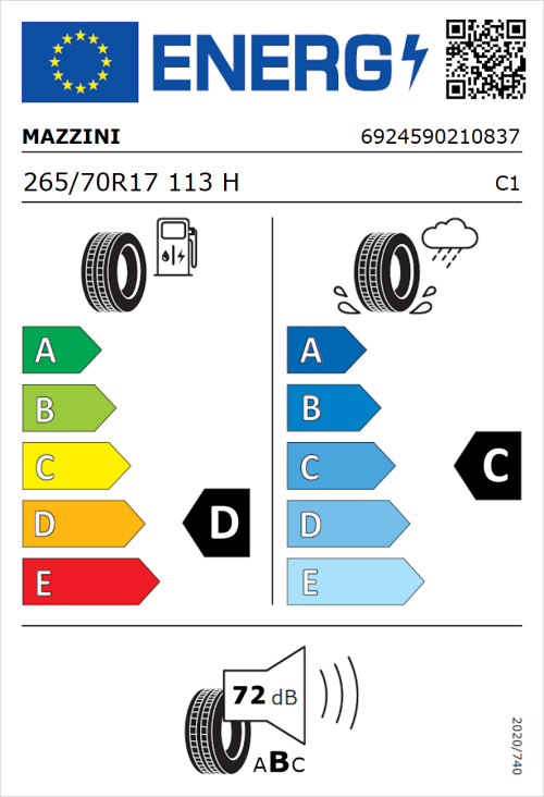 Tyre Label for Mazzini Ecosaver 265/70R17 113H