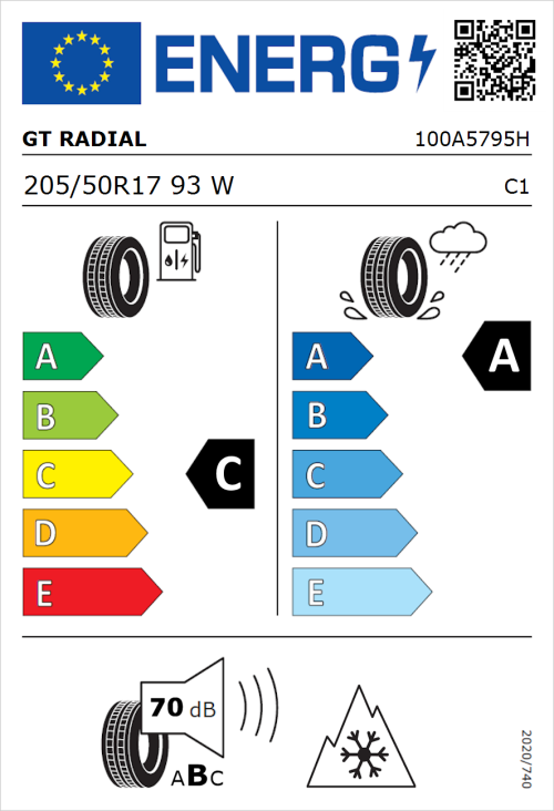 Tyre Label for GT Radial Climate Active 205/50R17 93W