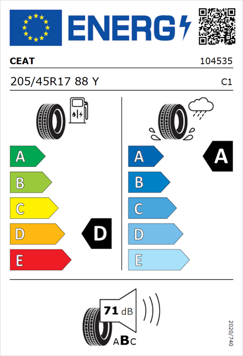 Tyre Label for CEAT SportDrive 205/45R17 88Y