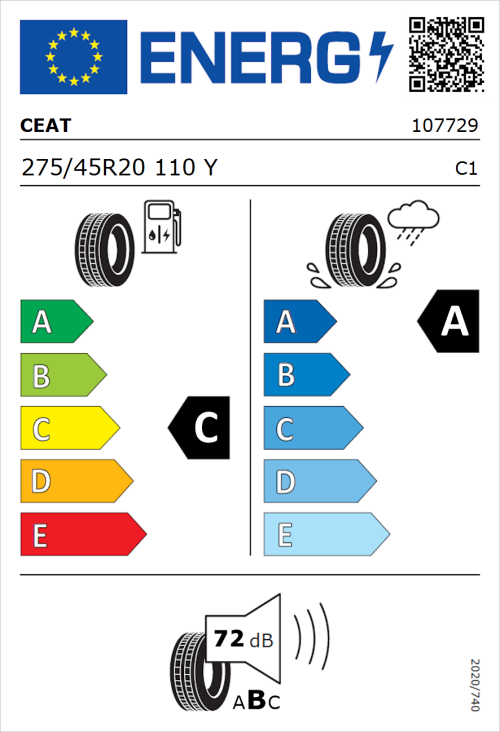 Tyre Label for CEAT SportDrive 275/45R20 110Y